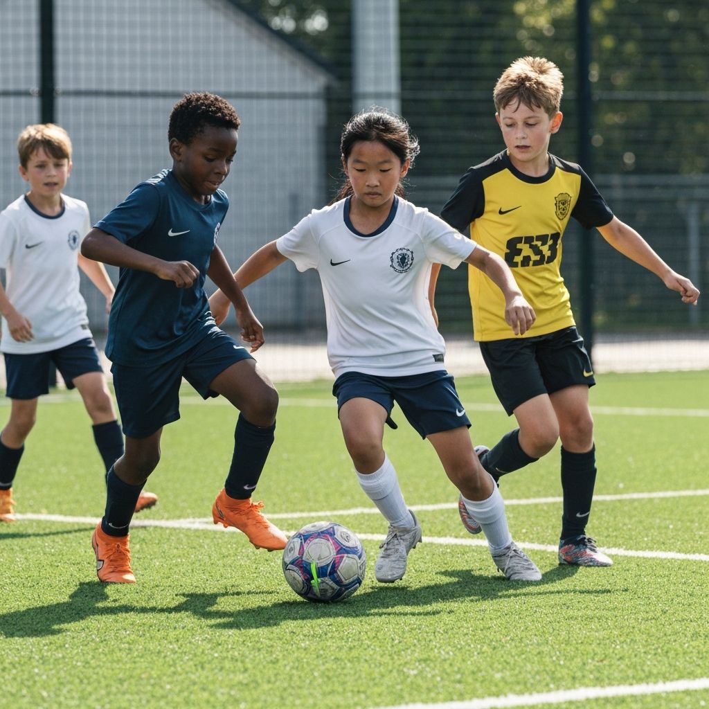 Diverse young players in action during 3-a-side football match