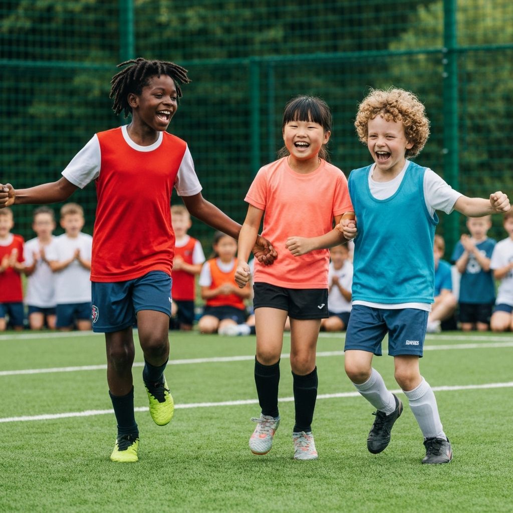 Diverse players celebrating a goal